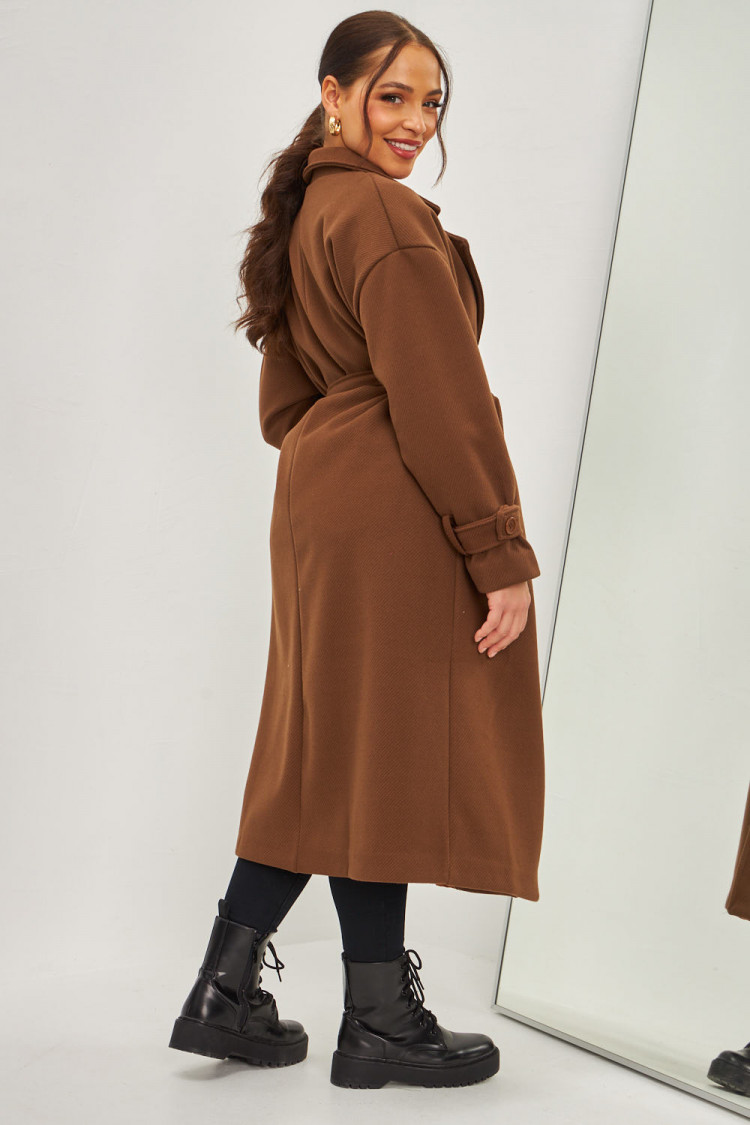 Manteau épais long côtelé style trench marron