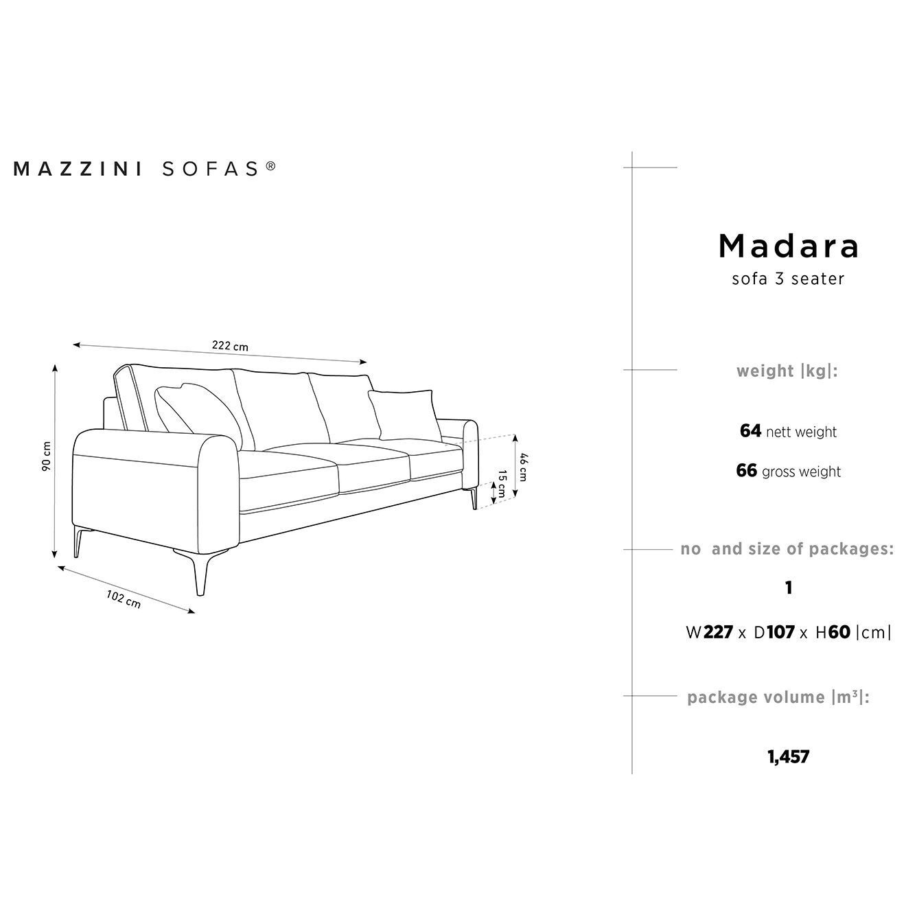 Mazzini Sofas Canapé 3 places velours madara beige - 222x102x90 cm