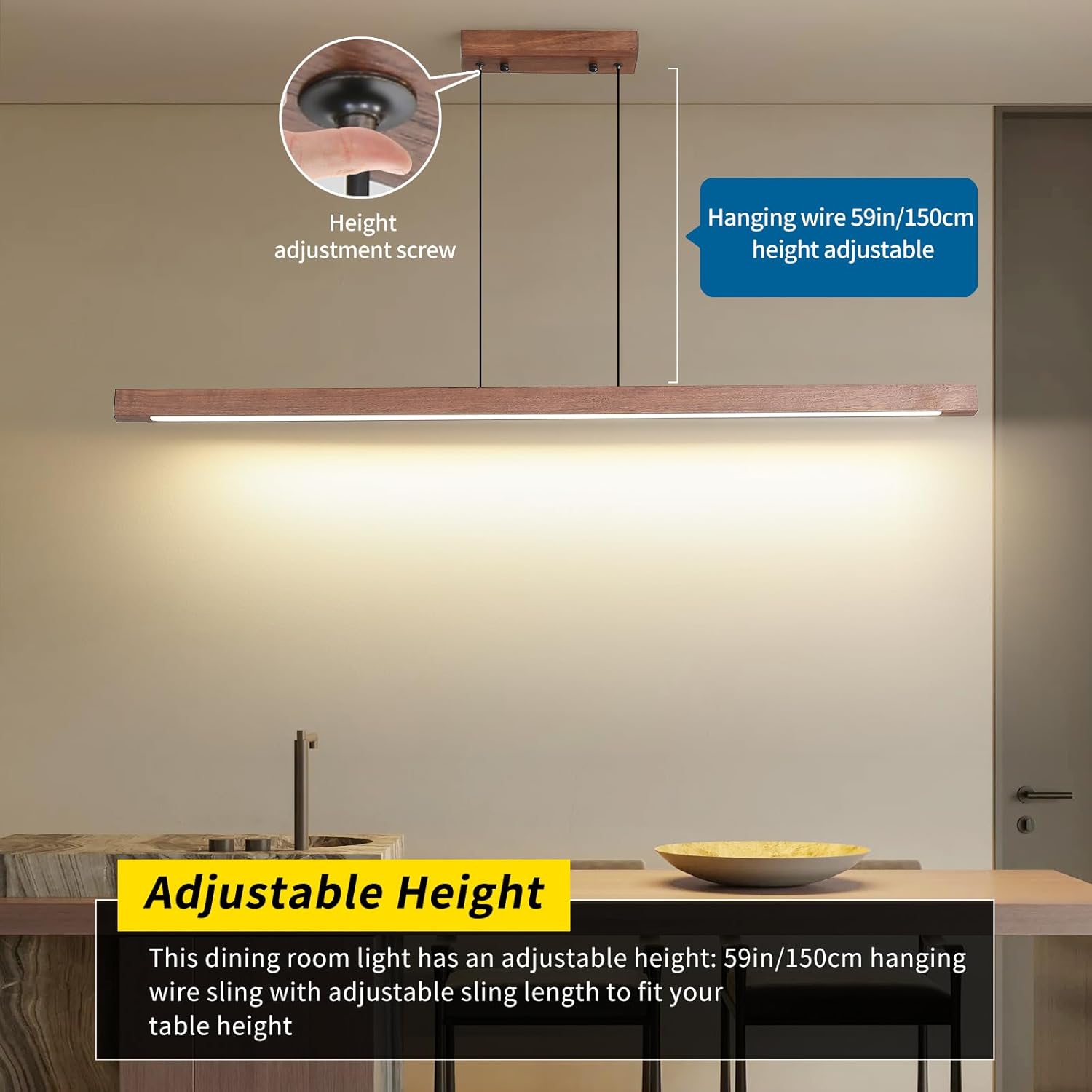 Mikeru 120cm Walnuss LED Pendelleuchte, Modern Esszimmer LED Hängeleuchte Von 1cm bis 150cm Höhenverstellbar 10% bis 100% Dimmbare Beleuchtung Licht 3000k/4500k/6500k für Wohnzimmer