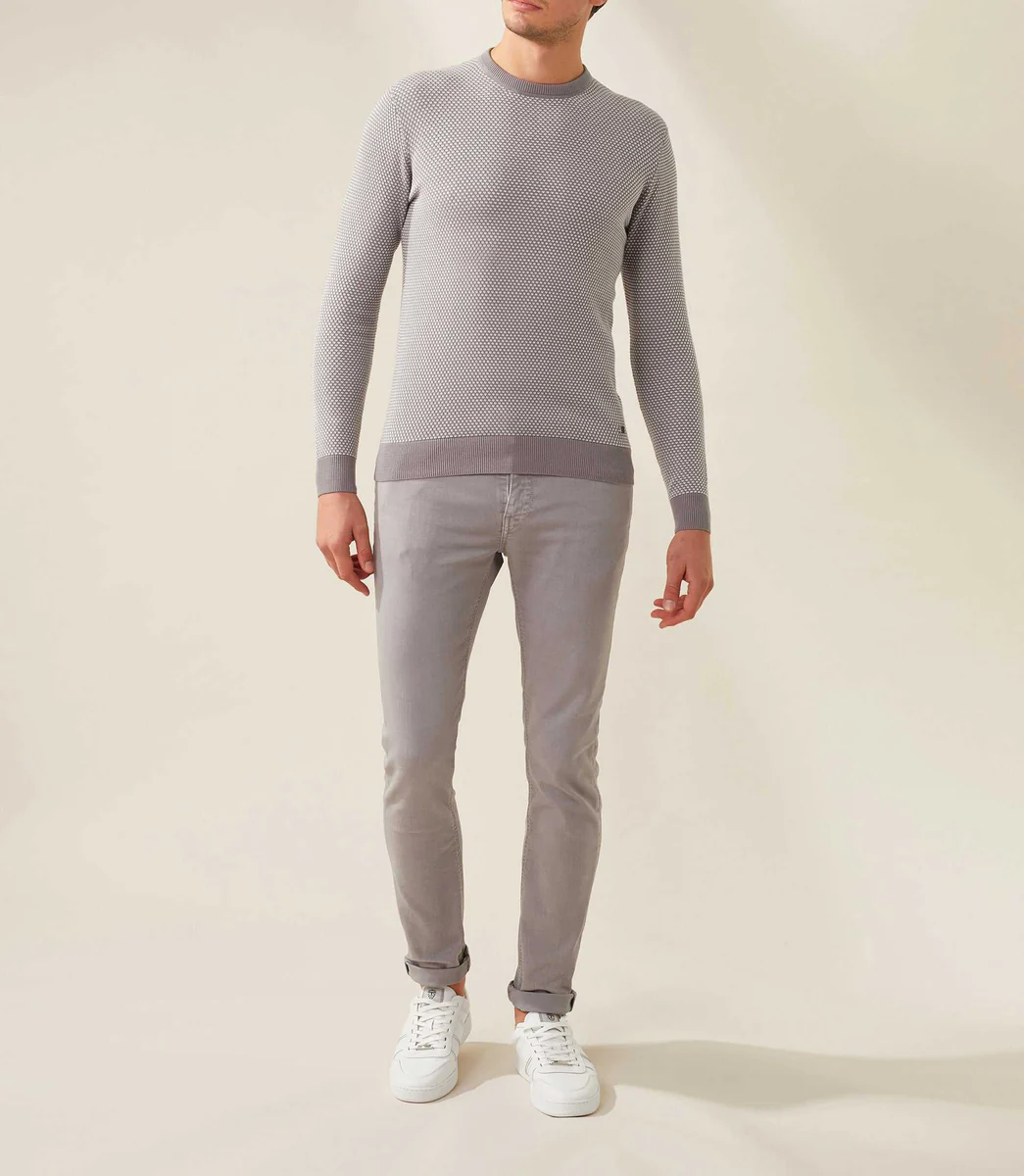 Pull col rond gris-blanc 