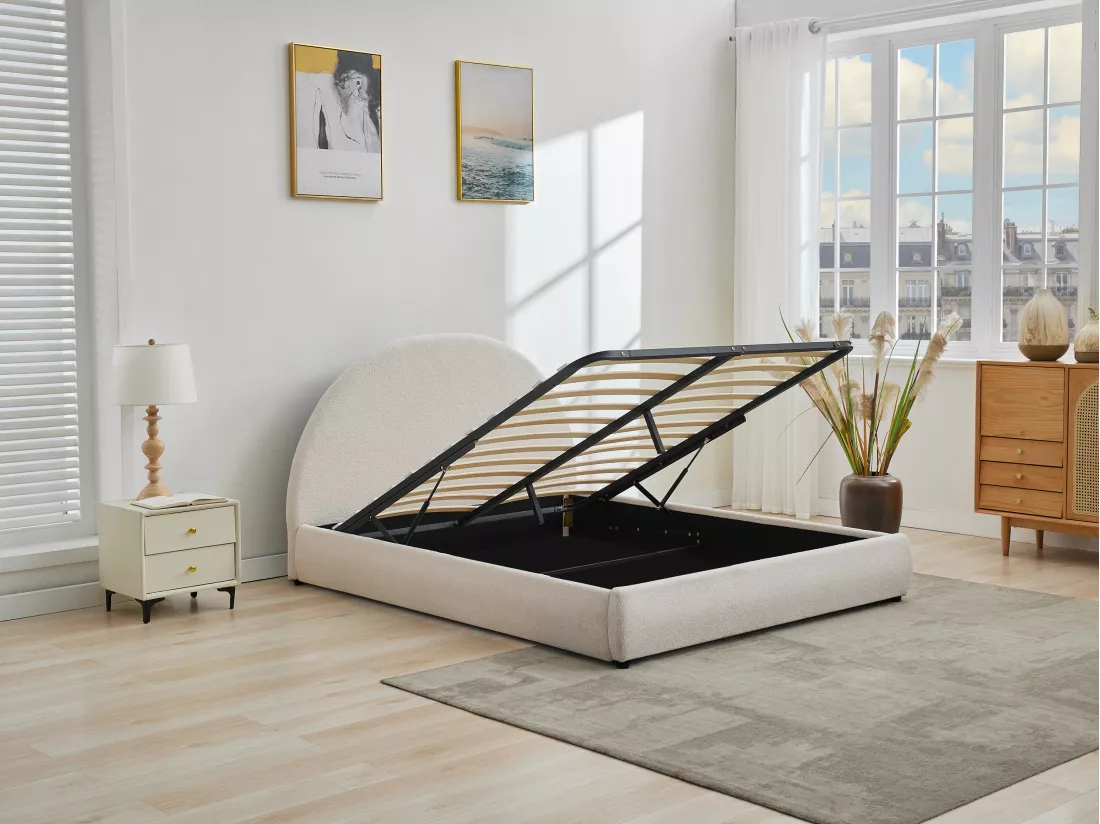 Lit coffre 160 x 200 cm - Tissu bouclette - Crème - LIRIMO