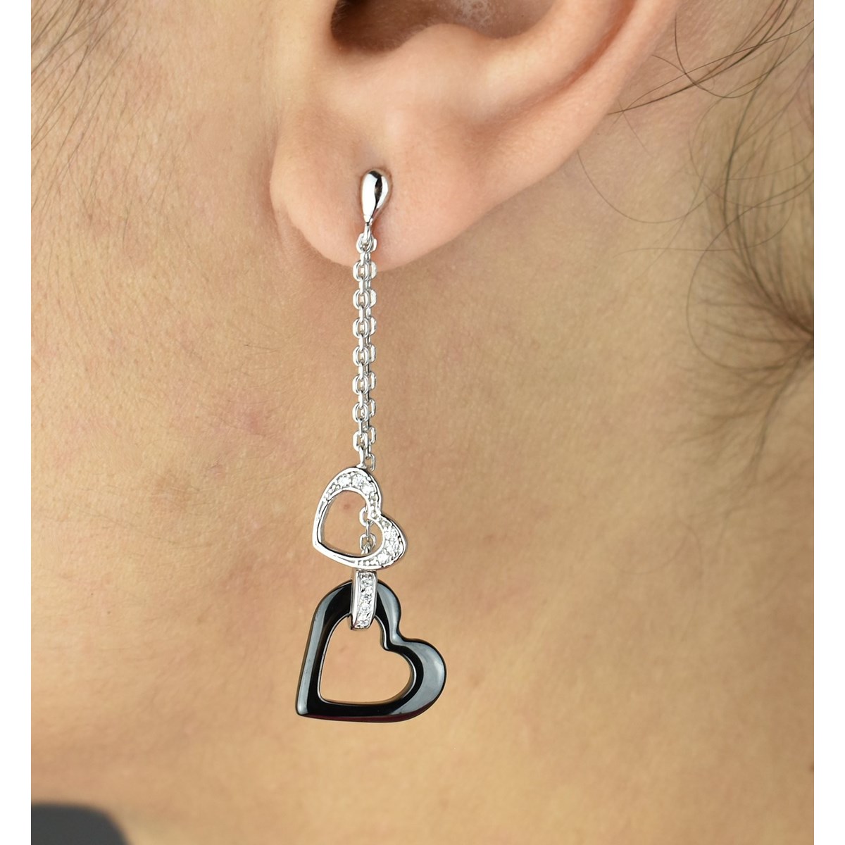Boucles d'oreilles 2 coeurs oxyde de zirconium et céramique noire Argent 925 Rhodié