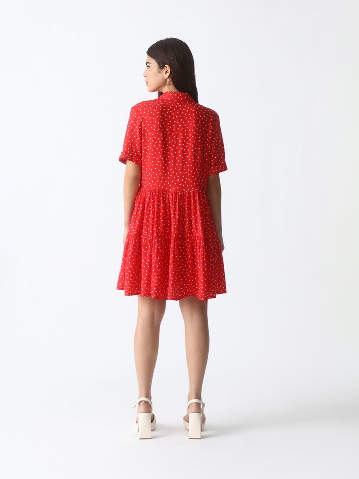 Vestido camisa evasê - Branco/vermelho