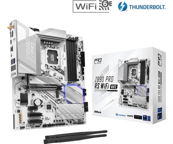 ASRock Z890 Pro RS WiFi White - Bundkort - ATX - LGA1851 sokkel - Z890 Chipset - USB4, USB-C 3.2 Gen 2x2, USB 3.2 Gen 2, USB 3.2 Gen 1 - 2.5 Gigabit LAN, Bluetooth, Wi-Fi 6E - onboard grafik (CPU påkrævet) - HD Audio (8-kanaler)