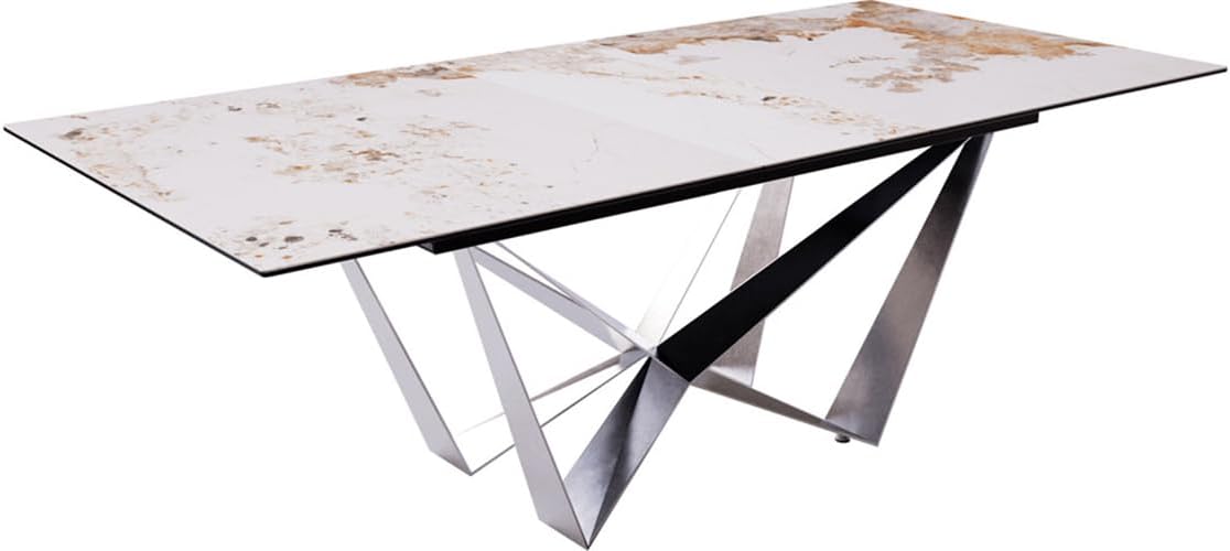 DELIFE Esszimmertisch Edge Keramik Minas Melange Weiß-Beige 180-220x100 Spider Flachstahl Edelstahl ausziehbar
