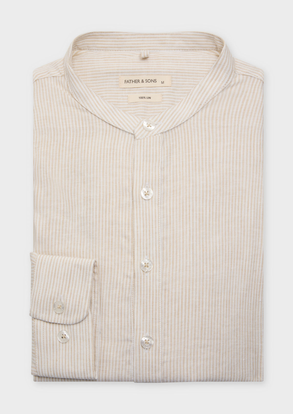Chemise sport Slim en lin blanc à rayures beiges à col officier