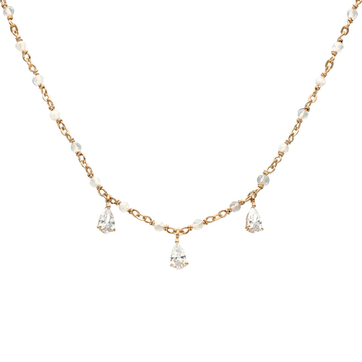 Collier Argent Doré Et Pierres De Lune Naturelles Blanches