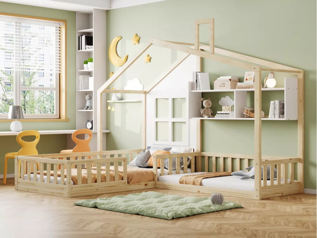 Lit enfant 70x140 cm/90x200 cm en bois - avec étagères et sommier à lattes - Naturel