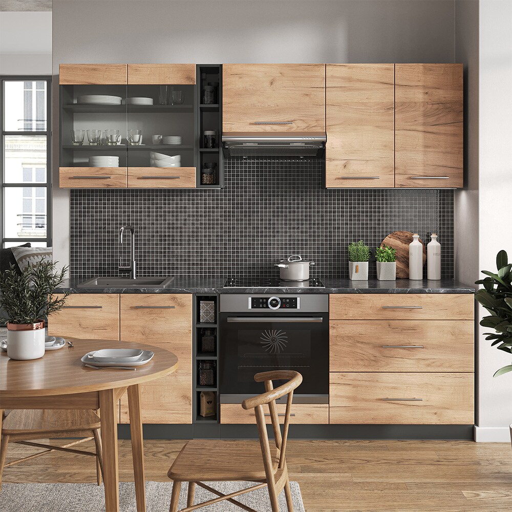 Vicco Küchenzeile Küchenblock Einbauküche Fame-Line Anthrazit Eiche Goldkraft 235 cm modern Küchen Schränke Hängeglasschrank Hängeschrank Schubladenunterschrank Spülenunterschrank Herdumbauschrank