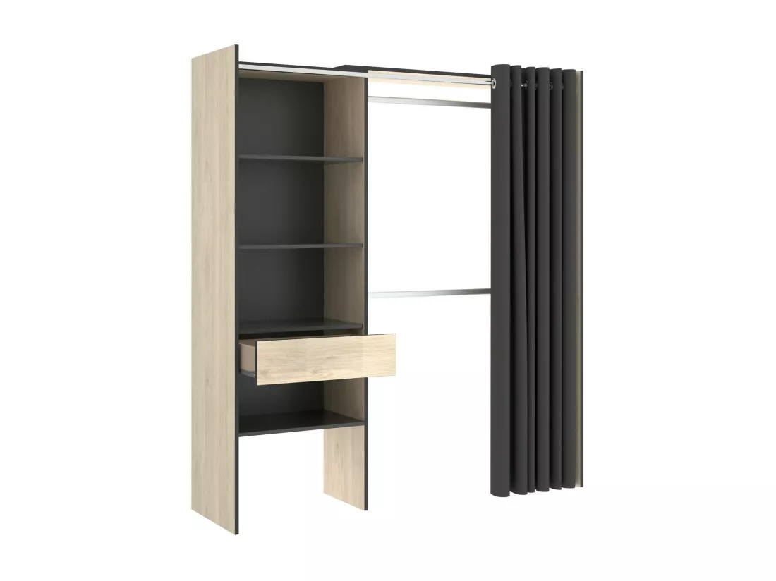 Armoire Dober, Structure pour dressing avec rideau, Cintre ouvert, 160x50h205 cm, Chêne et Anthracite
