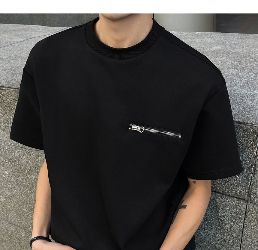 Omozando - T-shirt met korte mouwen, ronde hals en ritsdetail