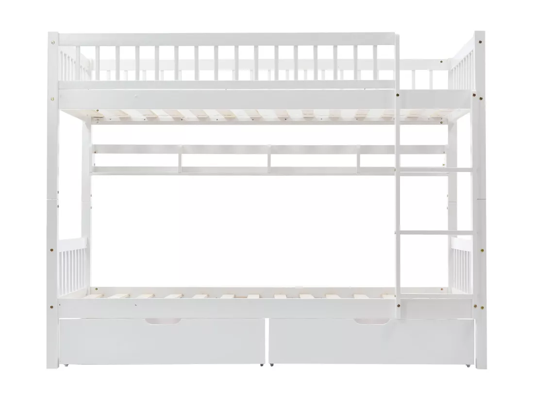 Lits superposés amovible 2 x 90 x 200 cm en bois MDF et pin - 2 tiroirs et étagère de rangement - Blanc