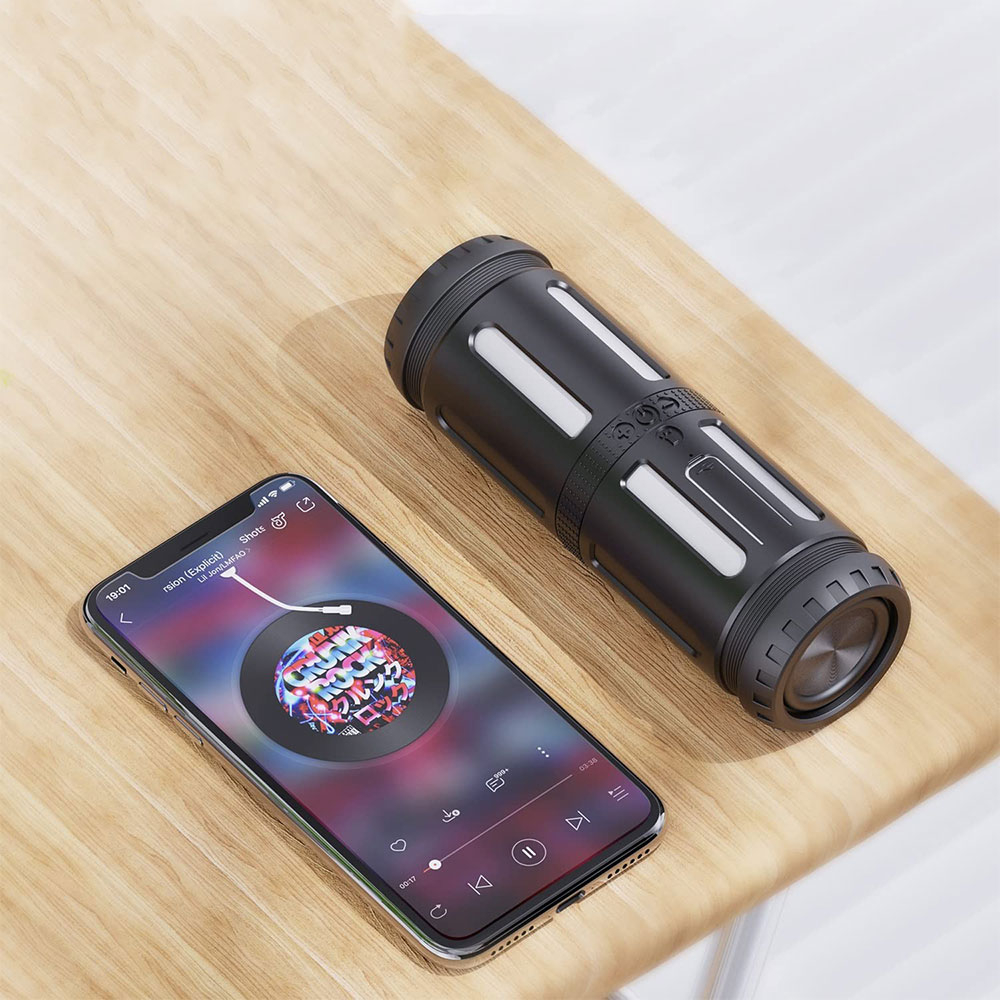 2in1 Bluetooth 5.1 Outdoor Lautsprecher inkl. Ausziehbare LED Taschenlampe Spritzwasserfest (IPX5) - Schwarz