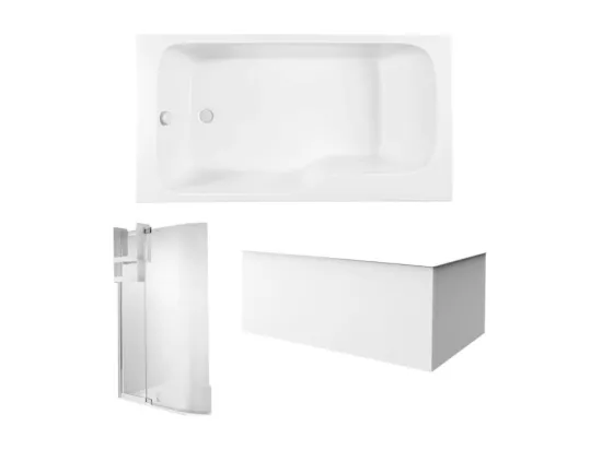 Pack baignoire bain douche 160 x 85 JACOB DELAFON Malice version gauche blanc mat + tablier en angle + pare bain + étagère