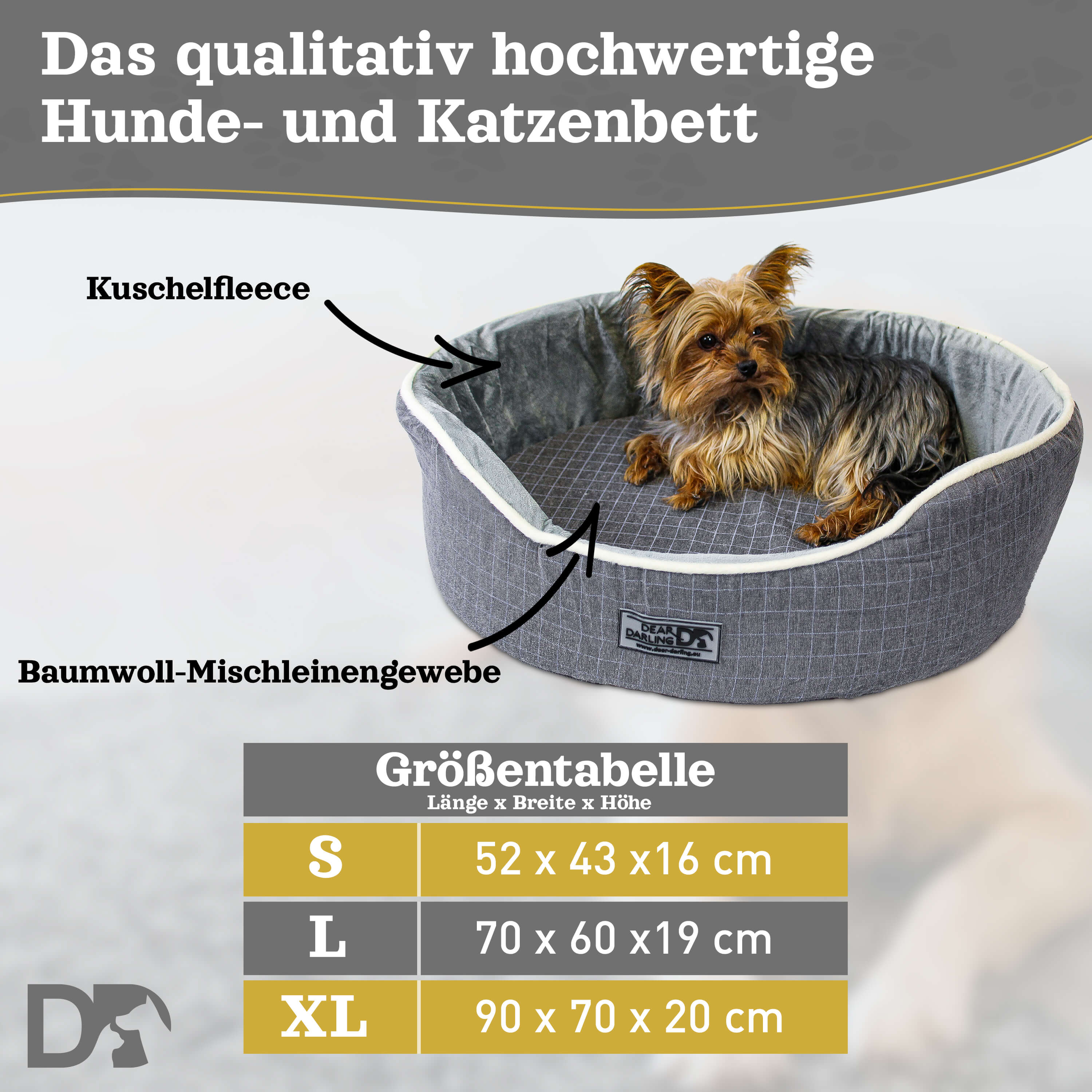 DEAR DARLING DD-05GRL Luxus Hundebett Katzenbett Anthrazit Gr. L 70x60cm Korb Memoryschaum Matratze