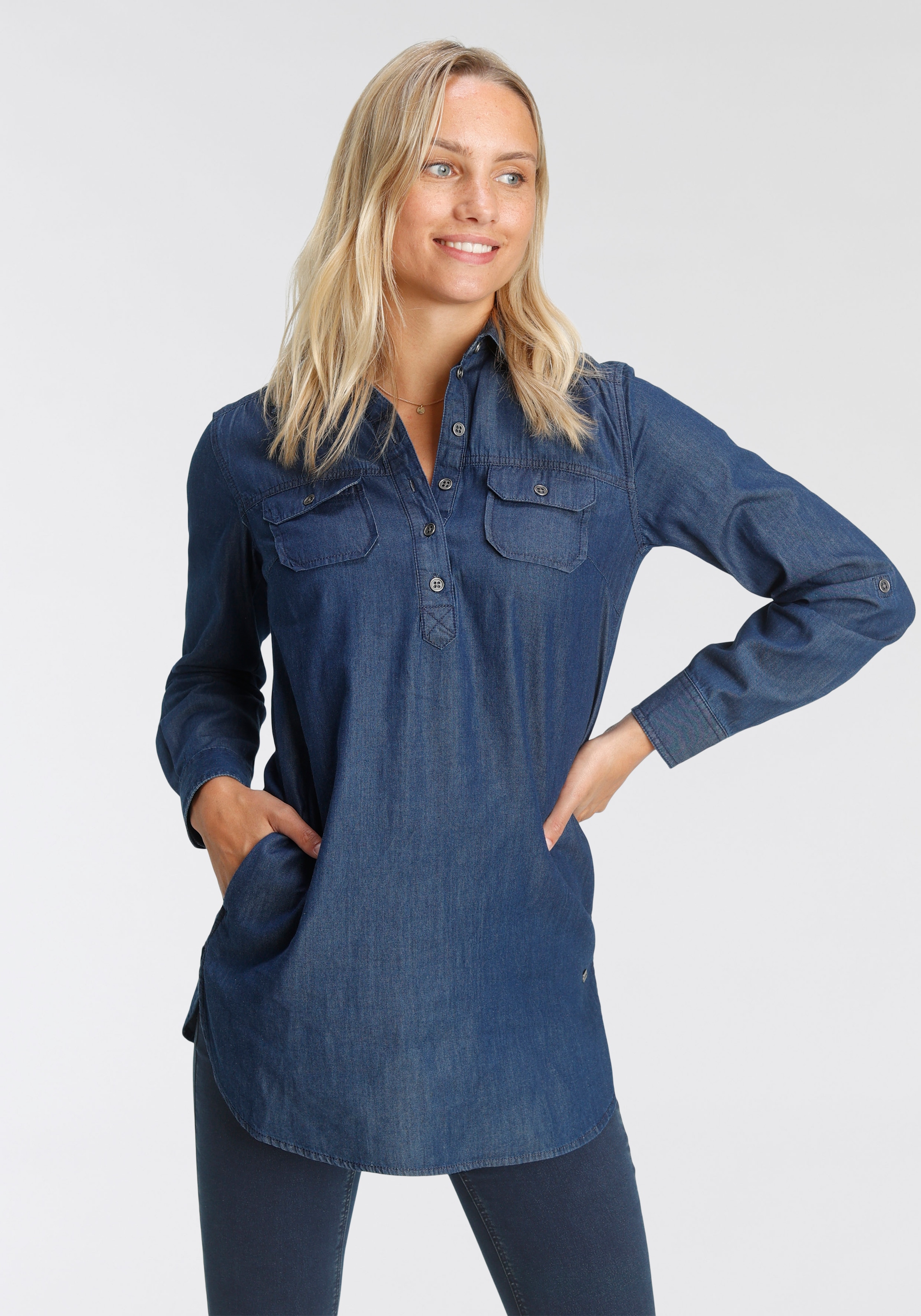 Arizona Jeansbluse »Krempelärmel mit Riegel«, im Tunikastil