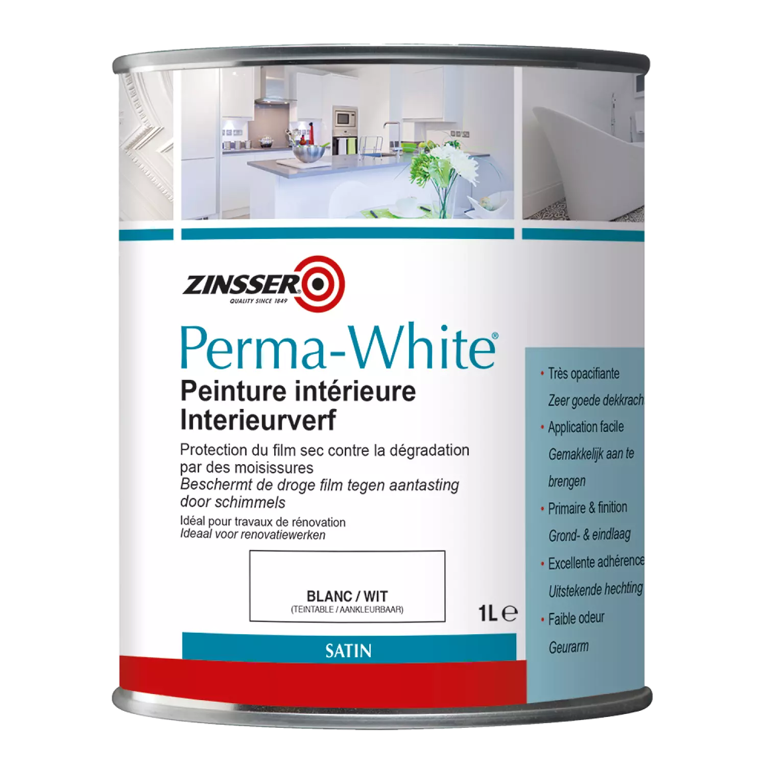 Zinsser Permawhite Satin zijdeglans - Badkamermuurverf - wit - 1L