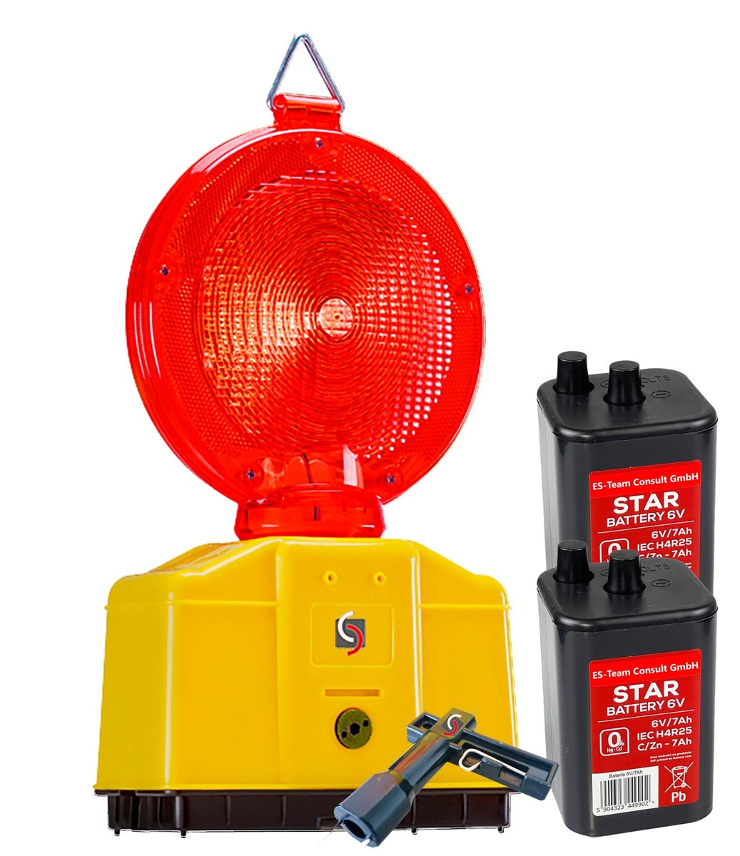 UVV bouwplaatsverlichting waarschuwingslamp gele of rode LED + 2 STAR accu's 7Ah / Rode LED