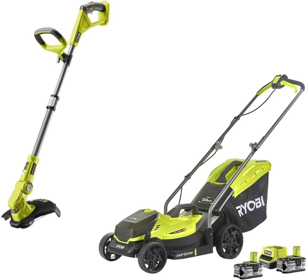 RYOBI Akku-Rasenmäher & Akku-Teleskop-Rasentrimmer 18 V ONE+ Garten Combo-Set | Inkl. 2x4,0 Ah Akkus & Ladegerät | Mäher mit 33 cm Schnittbreite, Schnitthöhenverstellung, 35 L Fangkorb & Mulchfunktion