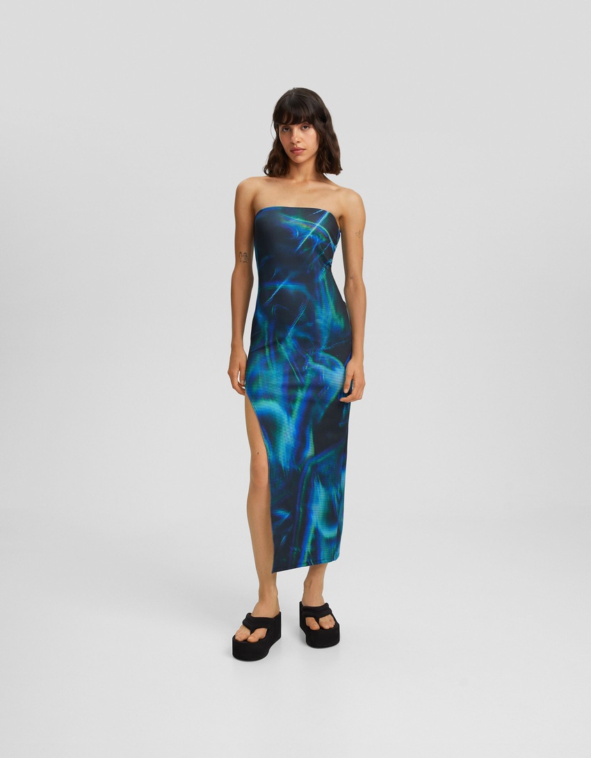 Vestido midi ombro a ombro com estampa