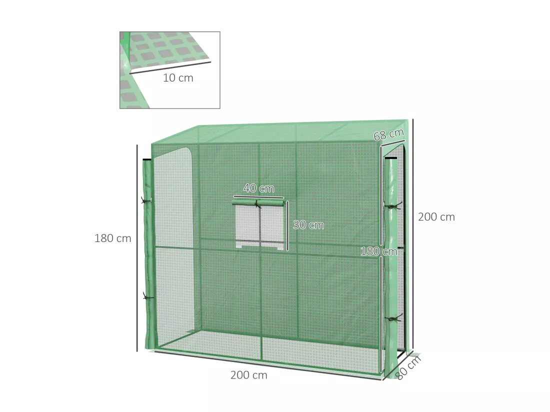 Serre de jardin adossée serre adossée dim. 2L x 0,8l x 2H m 2 portes zippées fenêtre acier PE haute densité vert