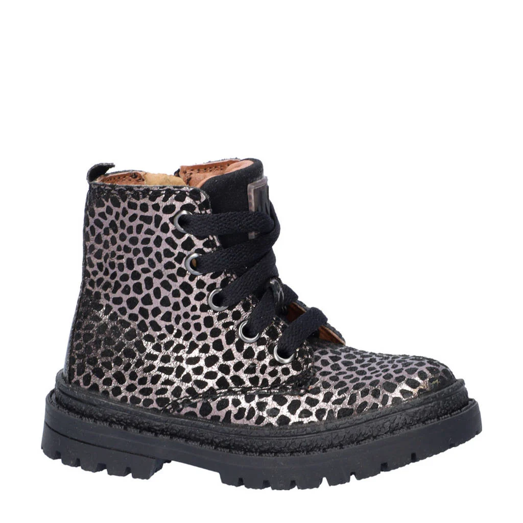 Nelson Kids suède veterboots zwart/zilver