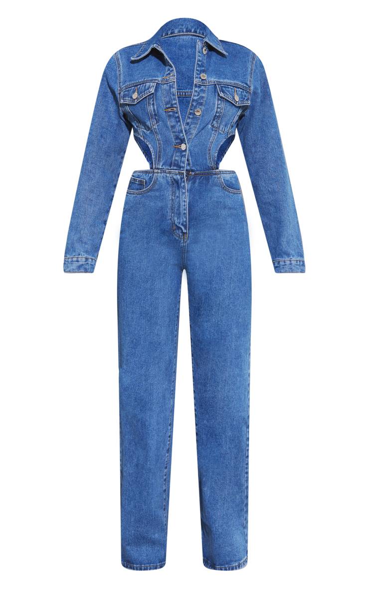 Mid Blue Wash Combinaison En Denim À Taille Découpée