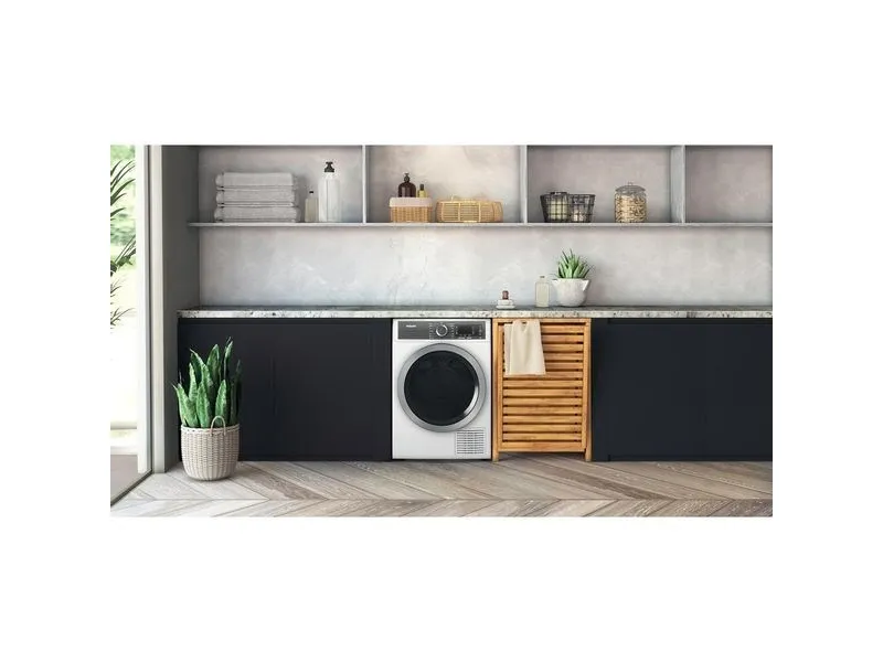 Hotpoint H8 D94WB EU, Fritstående, Front-læsning, Varmepumpe, Hvid, Dreje, Berøring, Højre