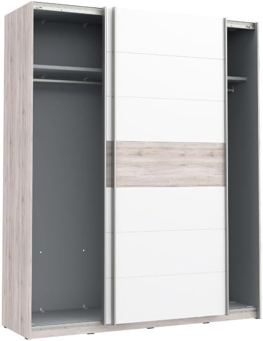 FORTE RONDINO Schrank 170, Kleiderschrank, Schwebetürenschrank Skandinavisch Landhausstil Schlafzimmer 2-türig, Holzdekor: Sandeiche/Weiß Hochglanz, 170 cm breit x 210 cm hoch x 61 cm tief