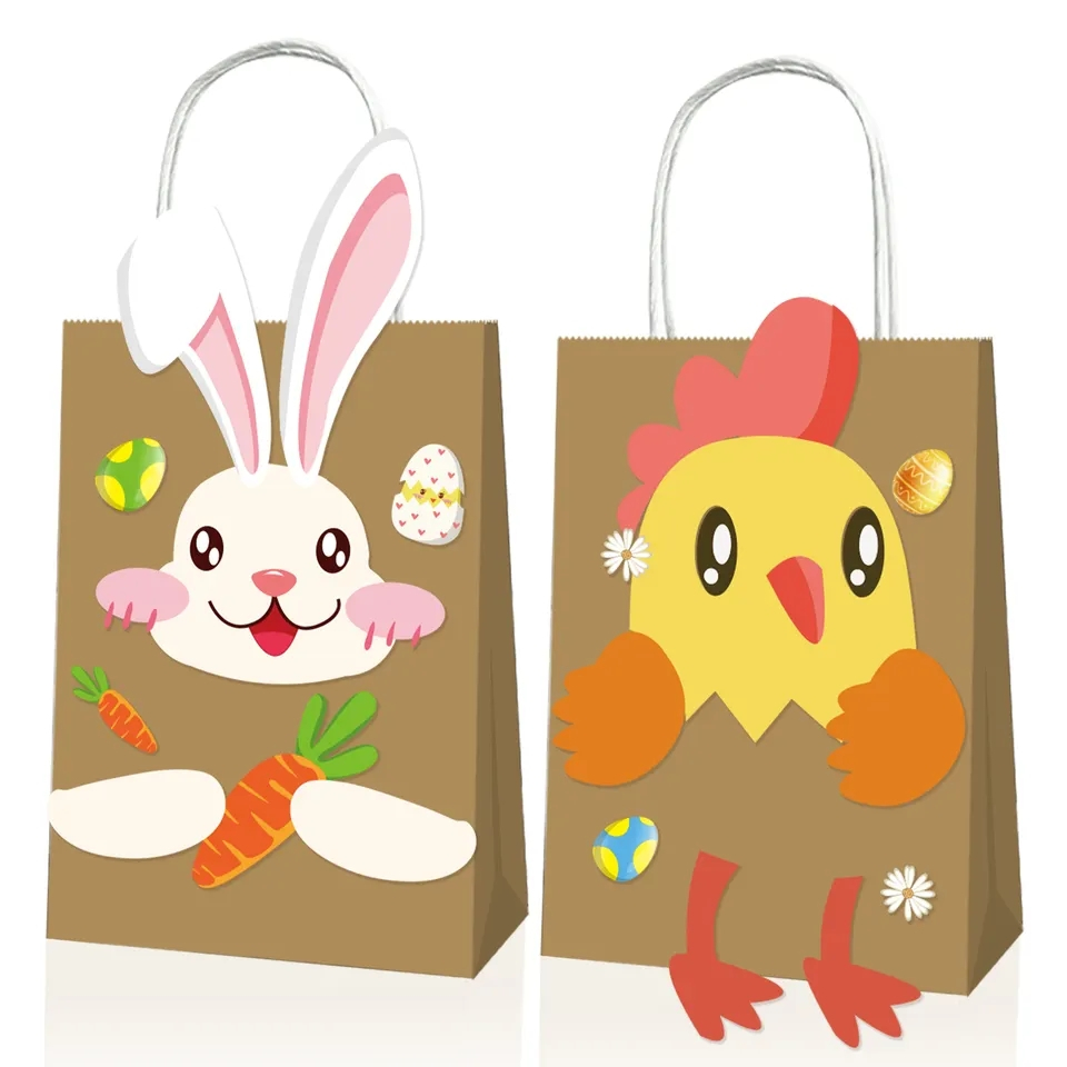 (12er Set) Oster Papier Tüten DIY Candy Gift Tasche Osternest   Sticker - Braun