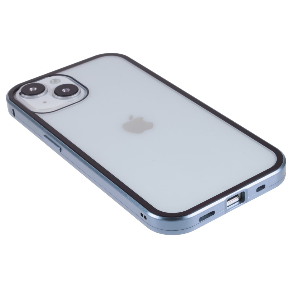 iPhone 14 Magnetische Alu Schutzhülle mit Panzer Glas Backcover   Privacy Glas Displayschutz (Magnet-Technologie) - Hellblau