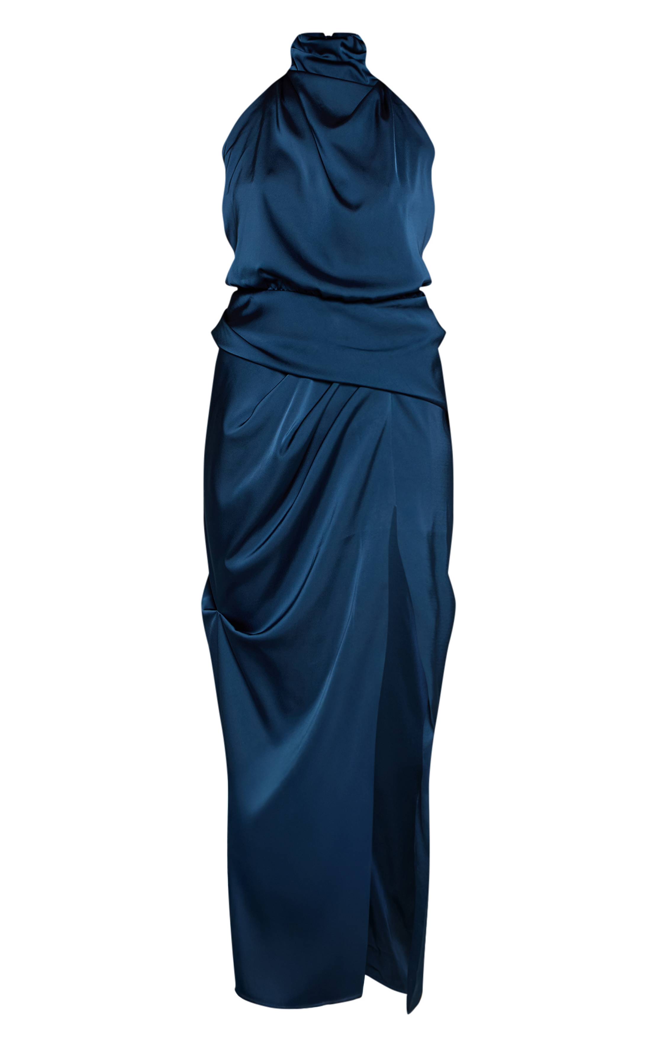 Petrol Blue Robe Longue En Satin À Col Montant