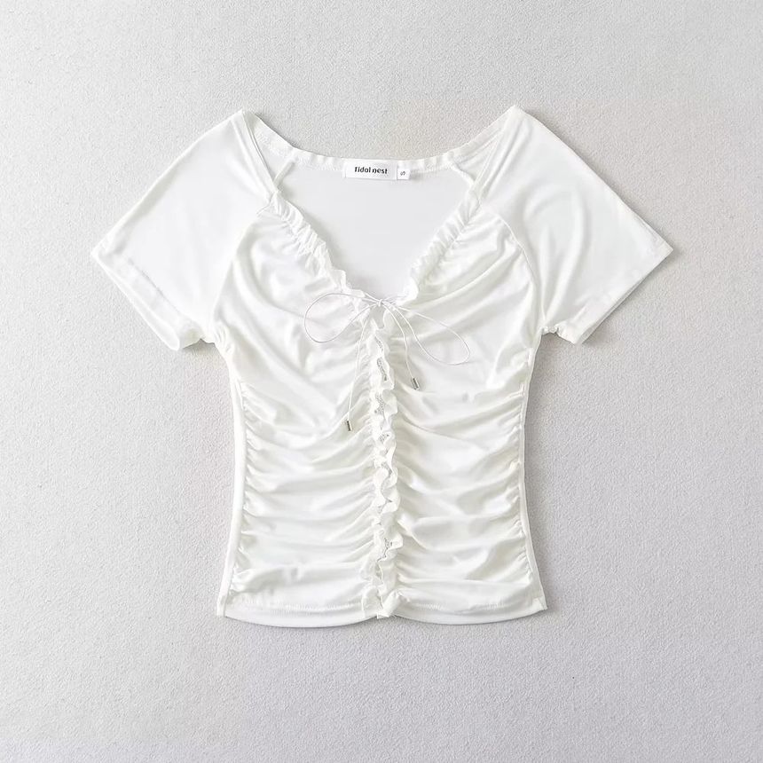Asiris - Crop top met korte mouwen, V-hals, effen, geplooide rand en vetersluiting, slim fit