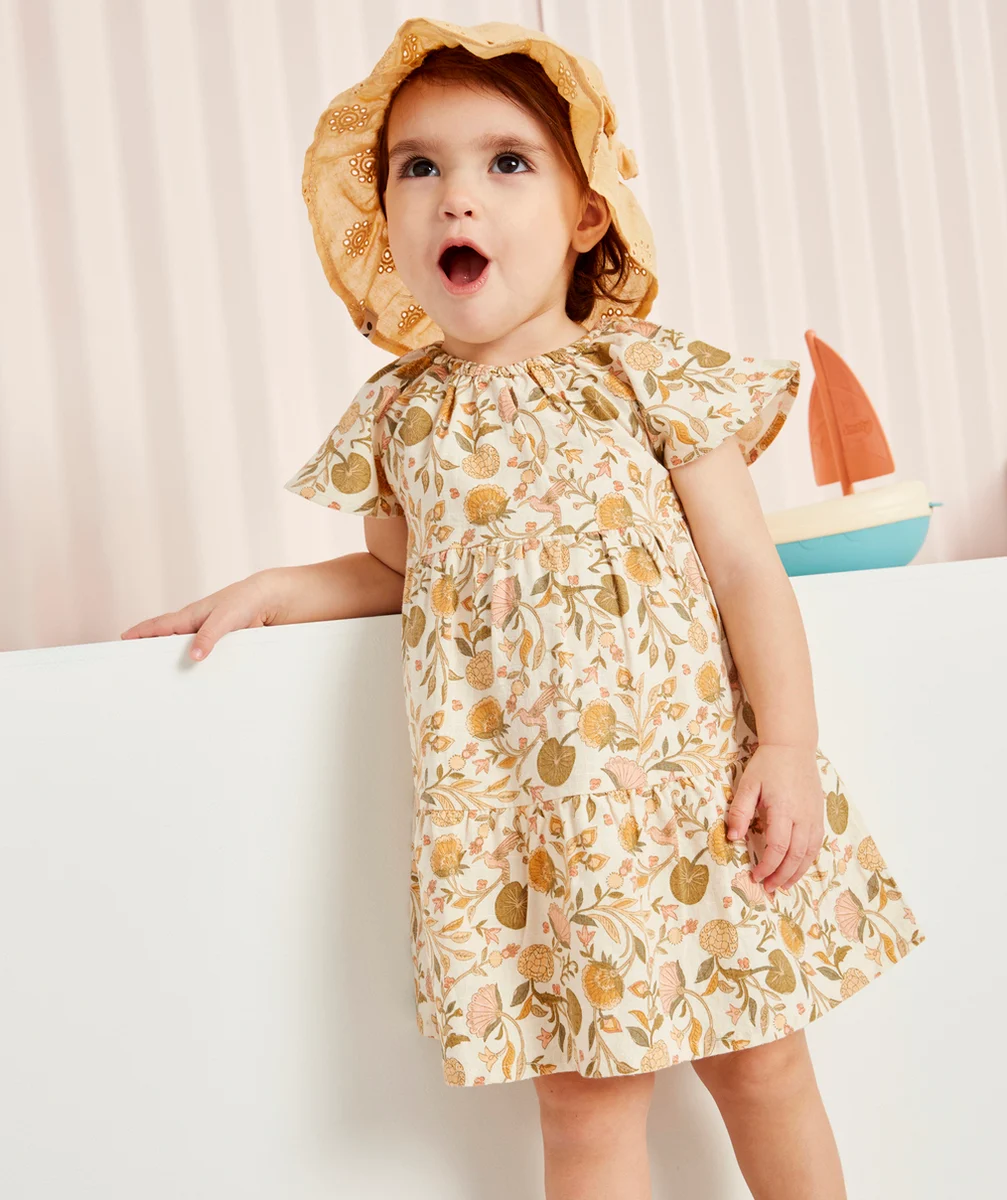 ROBE EN COTON BÉBÉ FILLE ÉCRUE ET IMPRIMÉE FLORAL