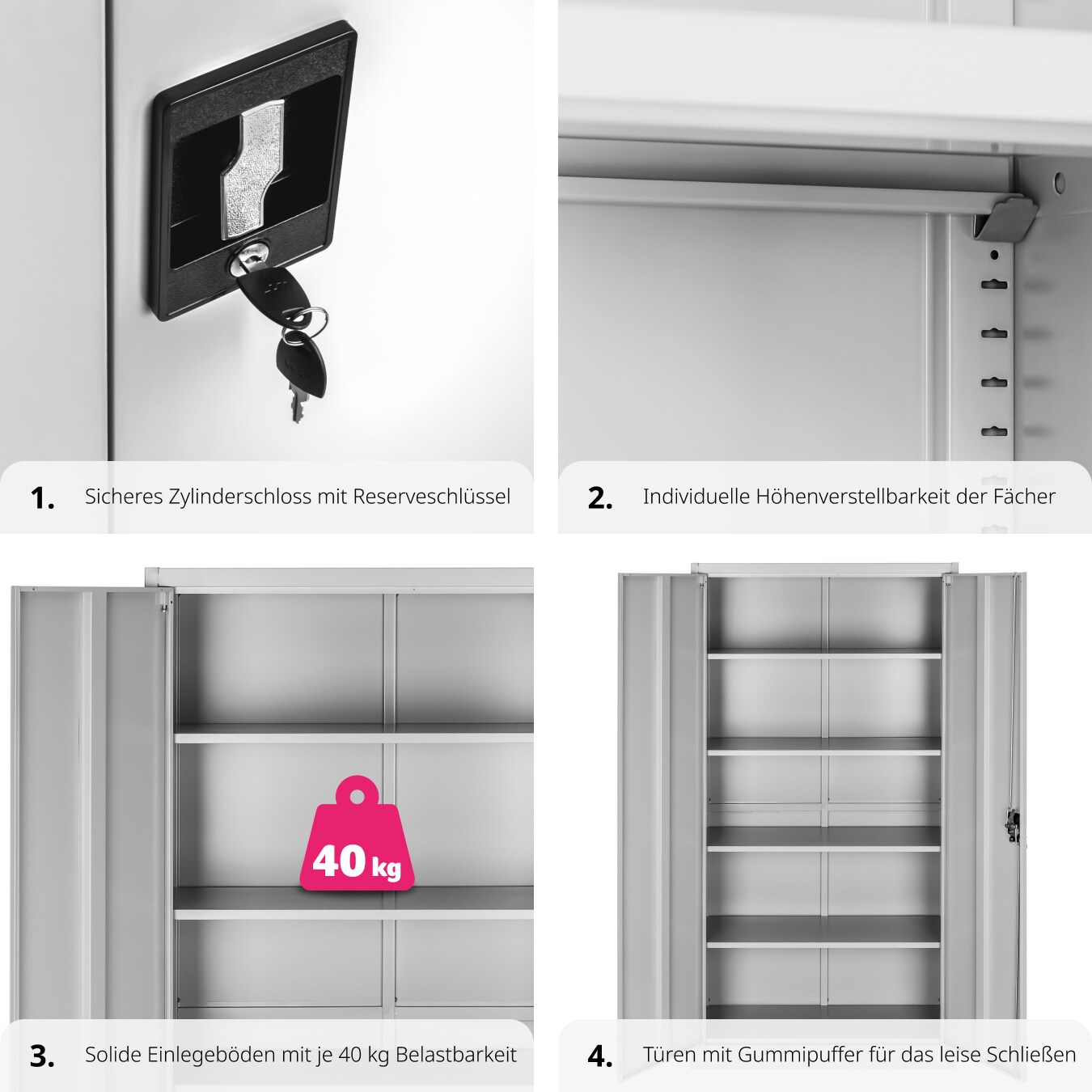 tectake® Aktenschrank, aus pulverbeschichtetem Stahl, 4 höhenverstellbare Einlegeböden, 180 x 90 x 40 cm