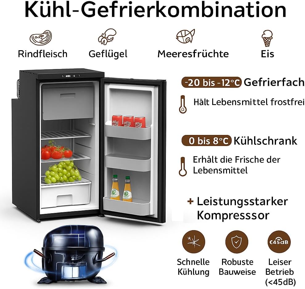 90L Kompressor Kühlbox mit APP-Steuerung 12V 24V, Energiesparender Mini Kühlschrank mit seitlich öffnender Tür, Kühlschrank klein mit Gefrierfunktion für Auto, LKW, Boot, Reisemobil, Camping