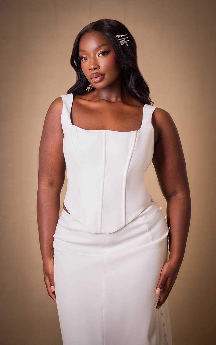 Blanc Top Corset Premium Plus À Encolure Carrée Avec Détails De Boutons Et Baleines En Tissu Tissé