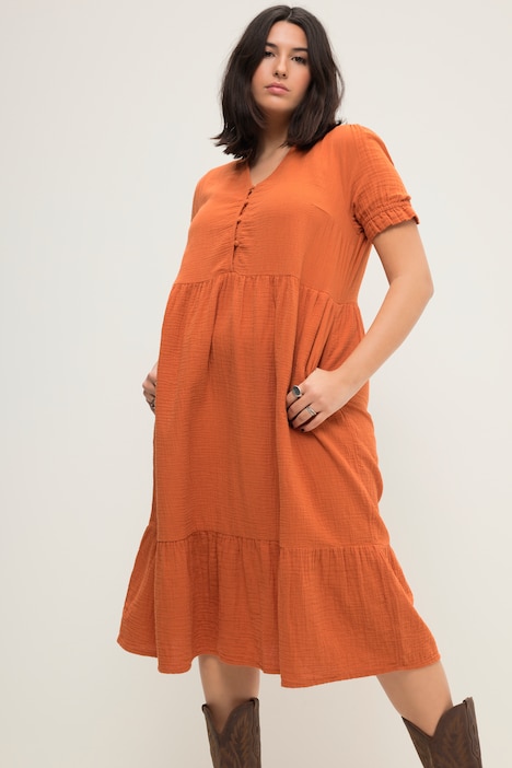 Musselin-Midikleid, A-Line, V-Ausschnitt, Halbarm