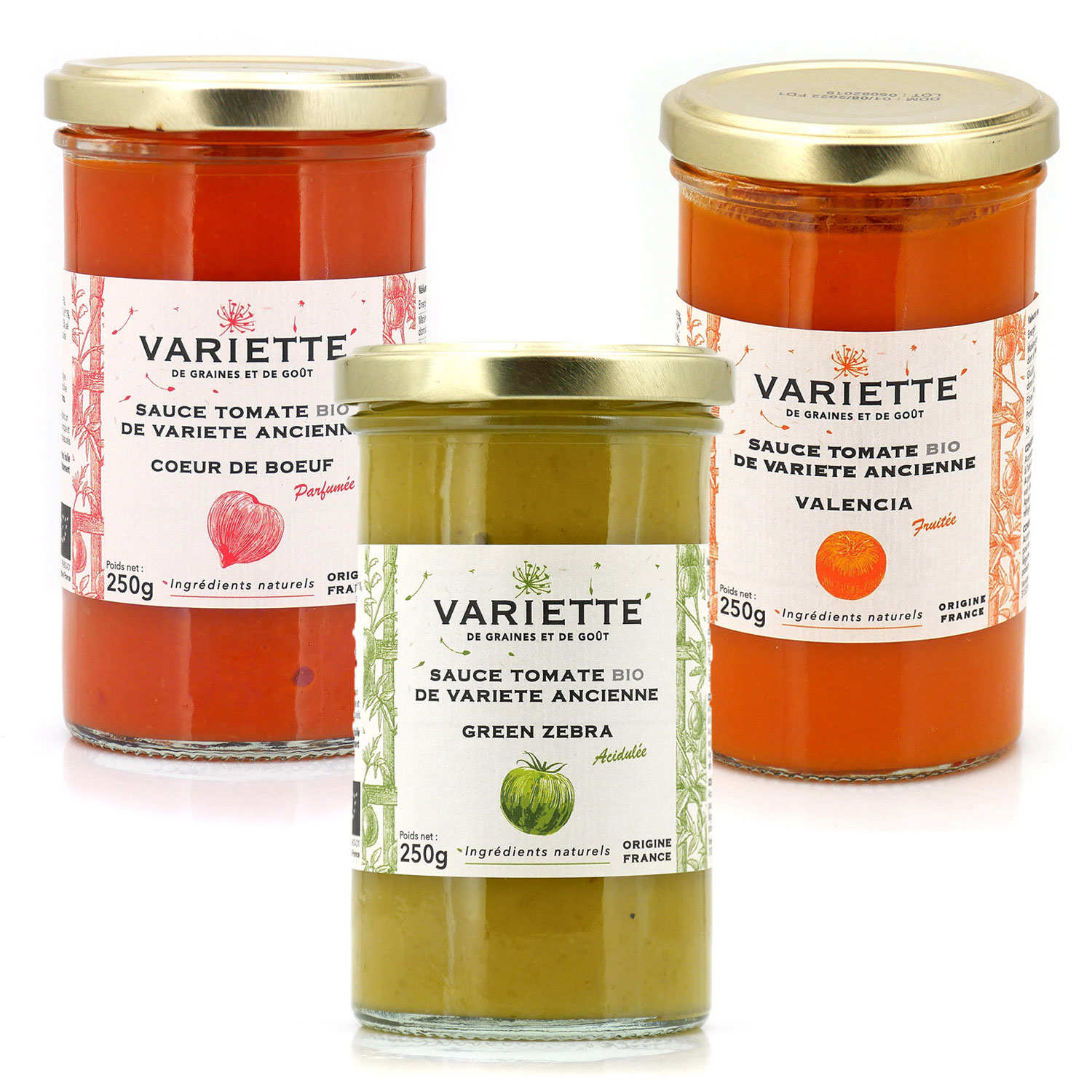 Assortiment de sauces tomate bio aux trois couleurs