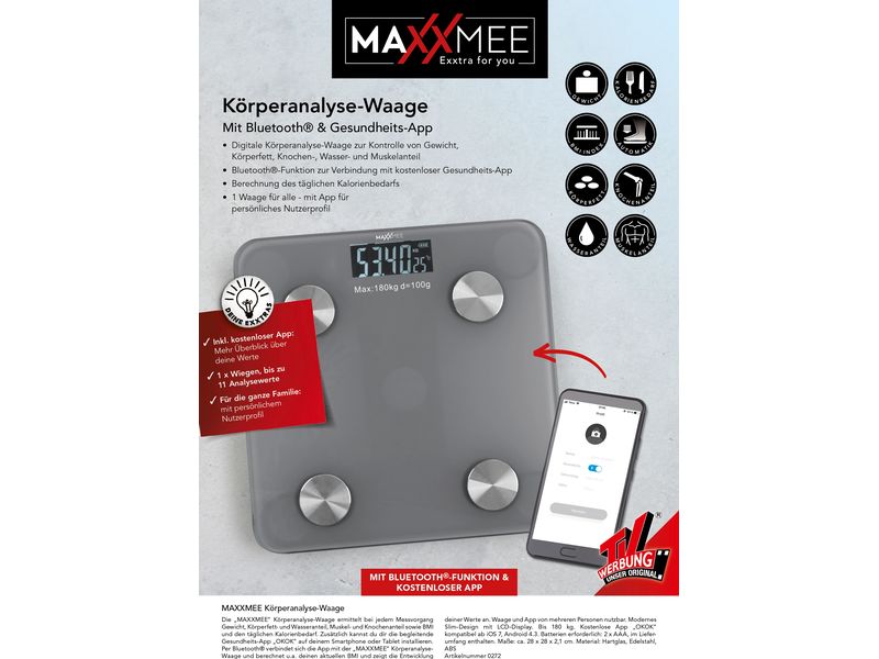 MAXXmee Körperanalysewaage 3 V, Grau Analysewaage mit Bluetooth