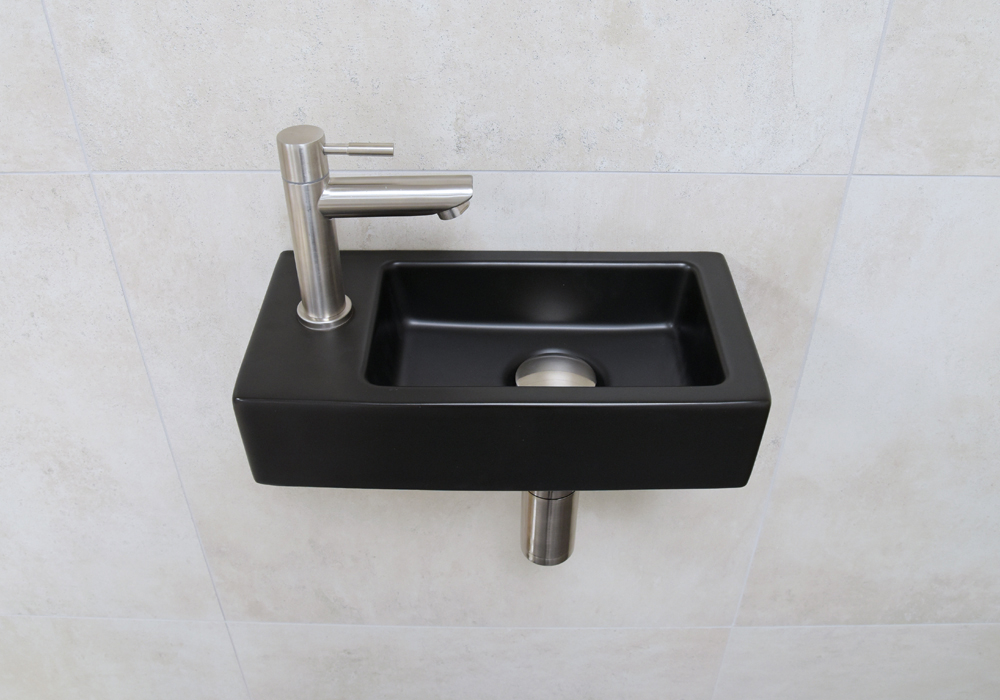 Mueller Mini Rhea 36x18x9 zwarte fonteinset met kraan RVS links