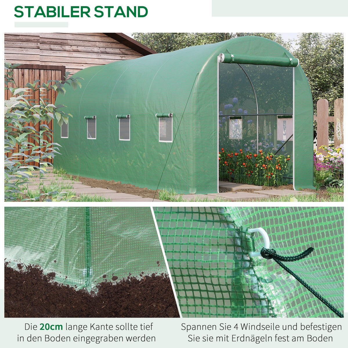 Outsunny polytunnelkas, tomatenkas met raam, 500 x 200 x 205 cm, PE, staal, groen