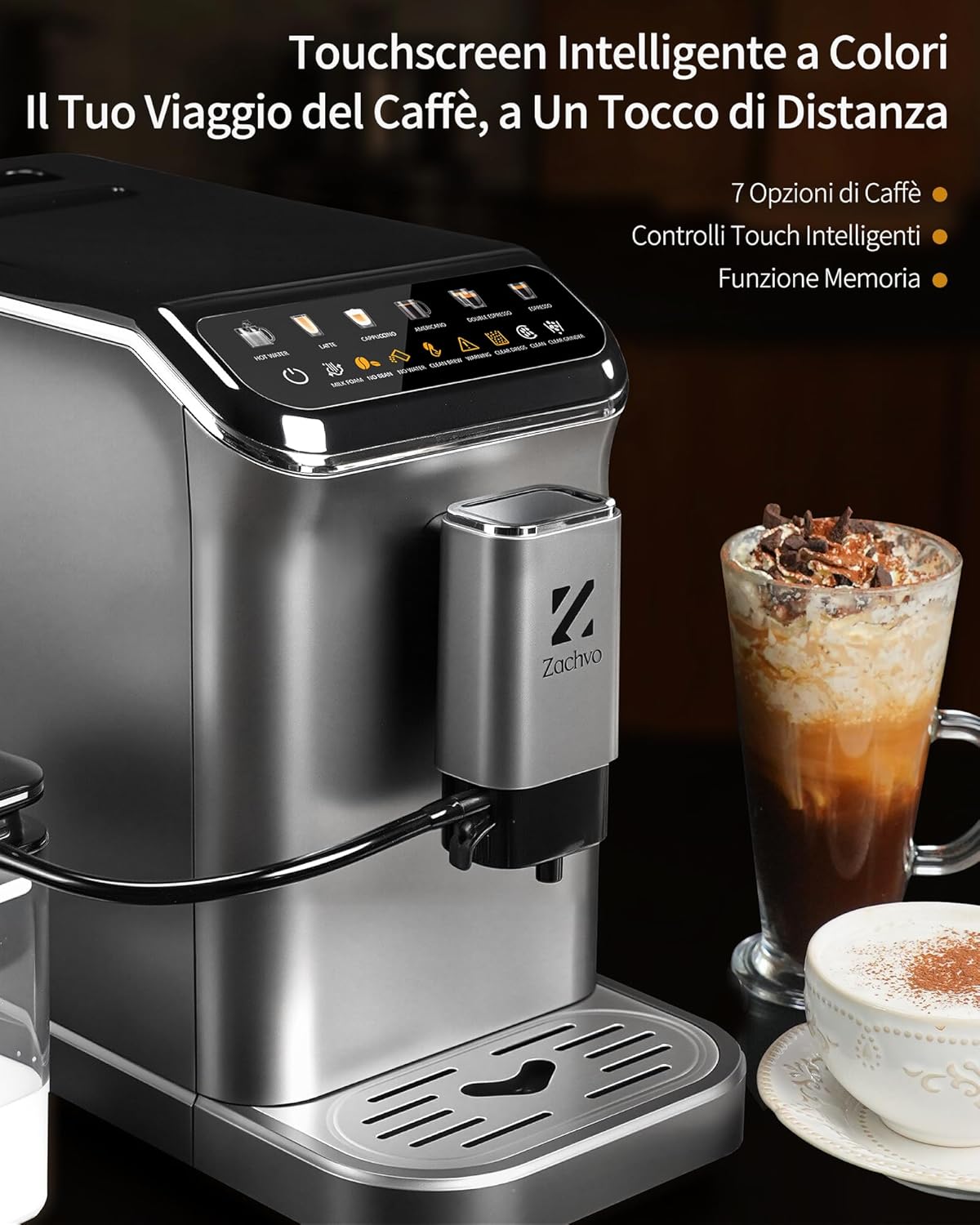 Kaffeevollautomat mit Milchbehälter, 20 Bar, 15-stufiges Mahlwerk, Touchscreen, PID-Temperaturkontrolle, Automatische Reinigung, 5 Getränke auf Knopfdruck – Latte, Cappuccino & mehr,Kompakt