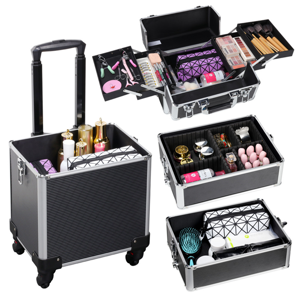 Yaheetech Kosmeikkoffer 4 in 1 Multikoffer Schmuckkoffer Friseurkoffer Schminkkoffer, Schwarz