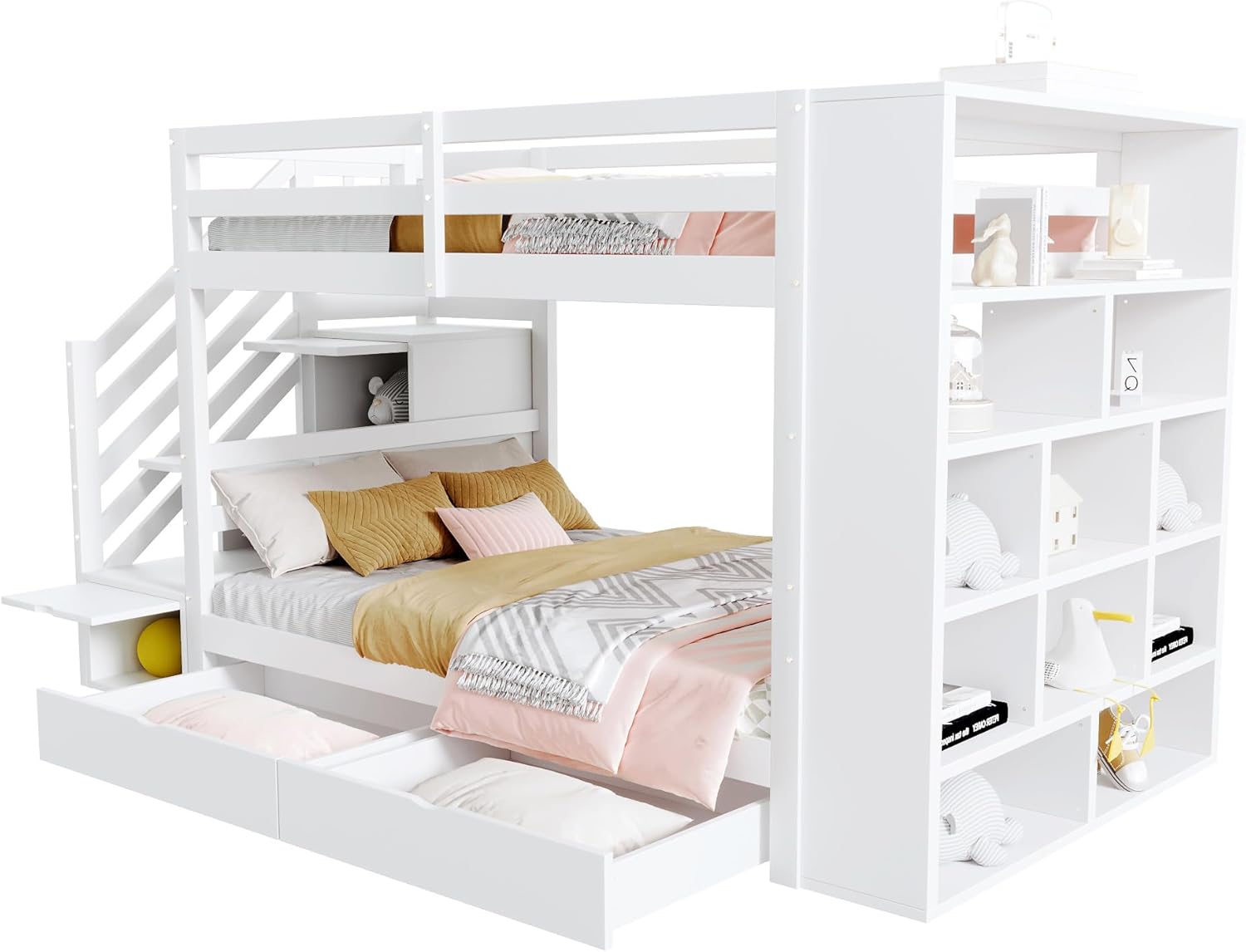 Etagenbett 2 Kinder Kinderbett 90x200 cm mit Schließfächern und Schublade, Hochbett mit Treppe und Rausfallschutz, Stockbett Holzbett Bettgestell mit Lattenrost, Weiß, Ohne Matratze