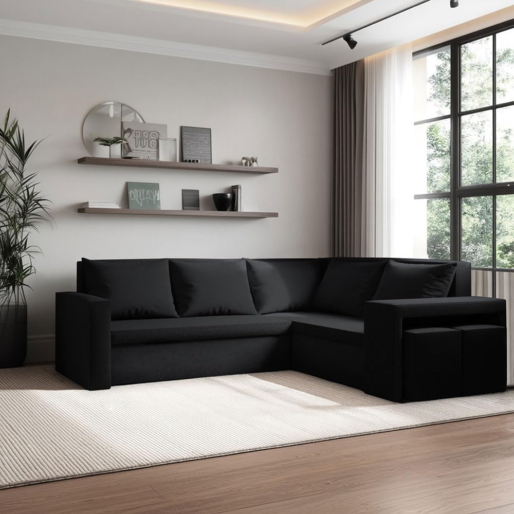 Kris L Ecksofa mit Schlaffunktion und Bettkasten, 220 × 203 cm L-Form Sofa, ausziehbar mit hochelastischem Schaumstoff und solidem Rahmen, Set mit 2 Hockern (Basic, Schwarz)