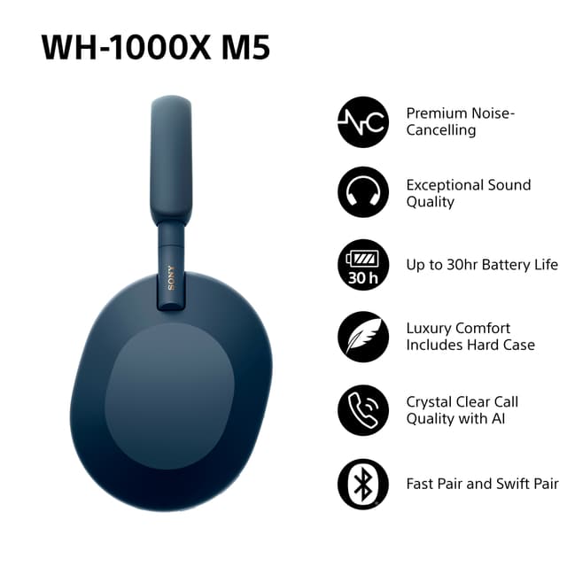 Sony WH-1000XM5 trådløse around-ear høretelefoner (midnight blue)