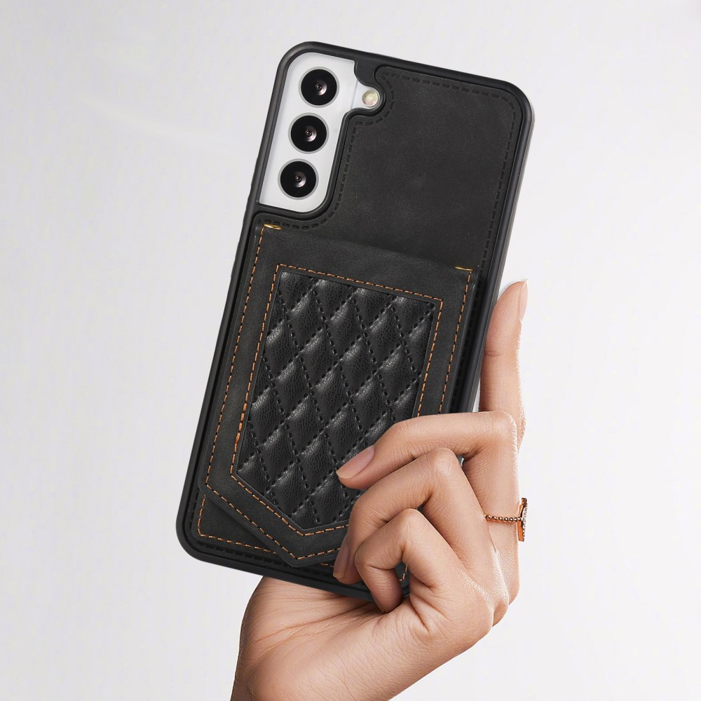 Samsung Galaxy S23 5G Necklace Leder Hülle im Litchi Look mit Spiegel (RFID Schutz) - Schwarz
