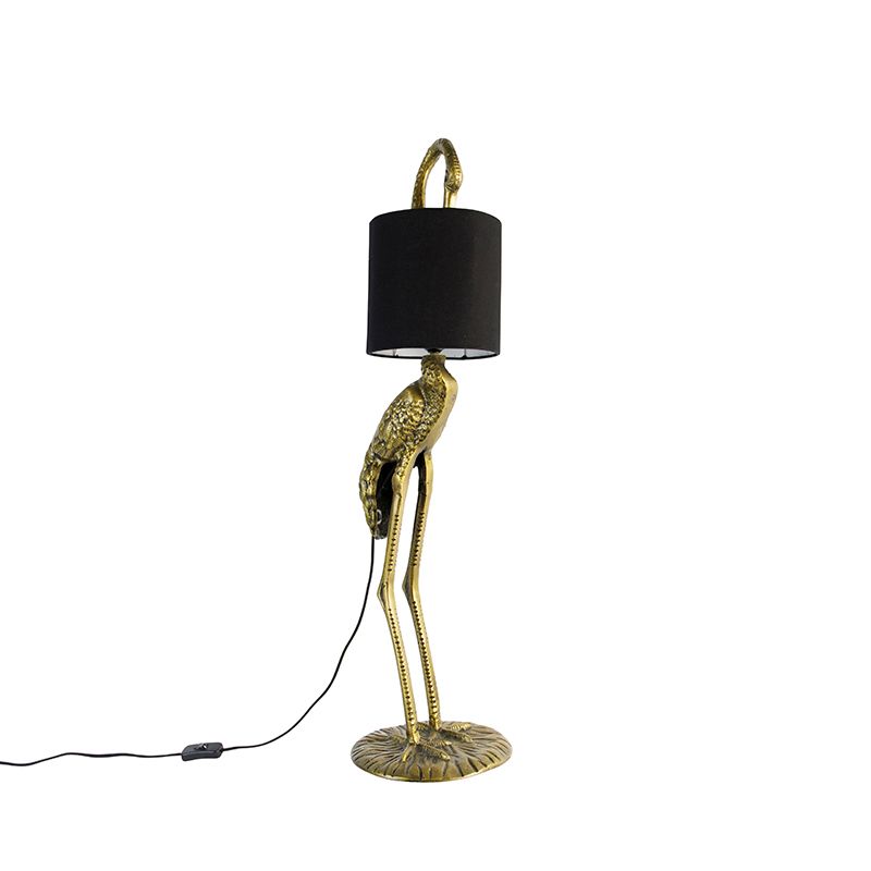 Vintage vloerlamp messing stoffen kap zwart - Animal Kraanvogel