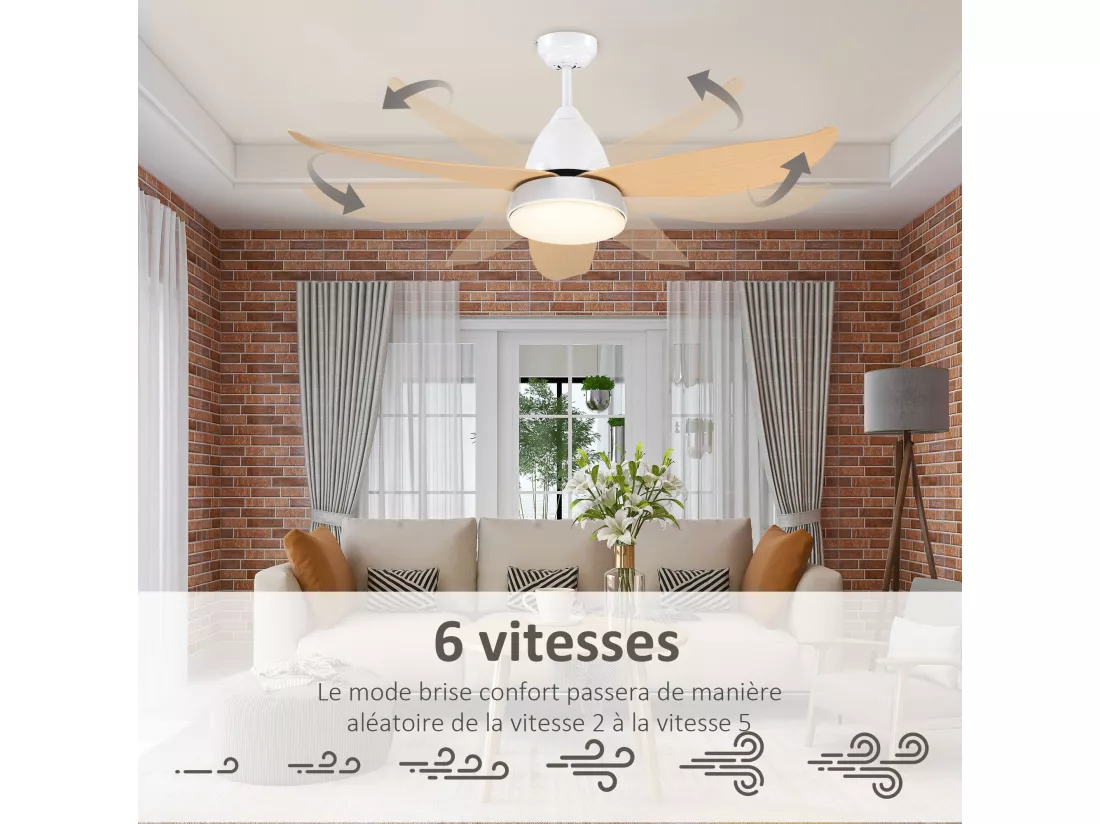 Ventilateur de plafond plafonnier 2 en 1 réversible - 3 pales, 6 vitesses, timer - télécommande, kit installation inclus - métal blanc ABS aspect bois clair